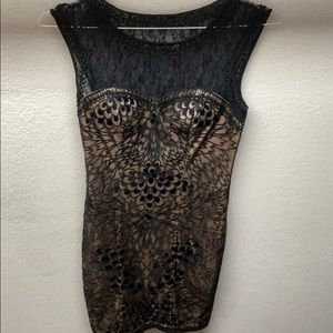 Sue Wong Embroidered Black & Gold Lace Dress